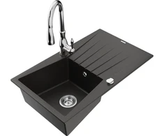Granitinė virtuvinė plautuvė Mexen Cesar su maišytuvu ir sifonu, Metallic juodas/auksinis+Chrome