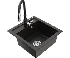 Granitinė virtuvinė plautuvė Mexen Vito su maišytuvu ir sifonu, Metallic juodas/auksinis+Juodas