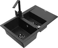 Granitinė virtuvinė plautuvė Mexen Gaspar su maišytuvu ir sifonu, Metallic juodas/auksinis+Juodas