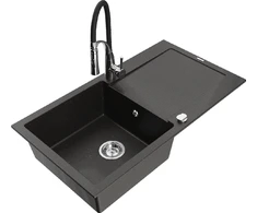 Granitinė virtuvinė plautuvė Mexen Leo su maišytuvu ir sifonu, Metallic juodas/auksinis+Juodas/Chrome
