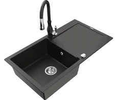 Granitinė virtuvinė plautuvė Mexen Leo su maišytuvu ir sifonu, Metallic juodas/auksinis+Juodas