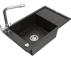 Granitinė virtuvinė plautuvė Mexen Elias su maišytuvu ir sifonu, Metallic juodas/auksinis+Chrome
