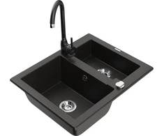 Granitinė virtuvinė plautuvė Mexen Carlos su maišytuvu ir sifonu, Metallic juodas/auksinis+Juodas