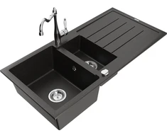 Granitinė virtuvinė plautuvė Mexen Andres su maišytuvu ir sifonu, Metallic juodas/auksinis+Chrome