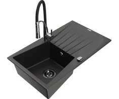 Granitinė virtuvinė plautuvė Mexen Cesar su maišytuvu ir sifonu, Metallic juodas/auksinis+Juodas/Chrome