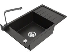 Granitinė virtuvinė plautuvė Mexen Elias su maišytuvu ir sifonu, Metallic juodas/auksinis+Juodas