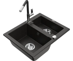 Granitinė virtuvinė plautuvė Mexen Carlos su maišytuvu ir sifonu, Metallic juodas/auksinis+Juodas/Chrome