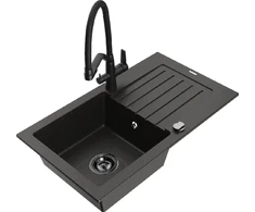 Granitinė virtuvinė plautuvė Mexen Pablo su maišytuvu ir sifonu, Metallic juodas/auksinis+Juodas