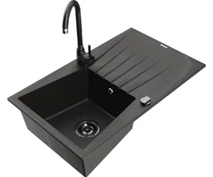 Granitinė virtuvinė plautuvė Mexen Cesar su maišytuvu ir sifonu, Metallic juodas/auksinis+Juodas