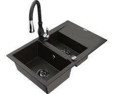 Granitinė virtuvinė plautuvė Mexen Gaspar su maišytuvu ir sifonu, Metallic juodas/auksinis+Juodas