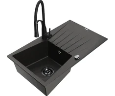Granitinė virtuvinė plautuvė Mexen Cesar su maišytuvu ir sifonu, Metallic juodas/auksinis+Juodas