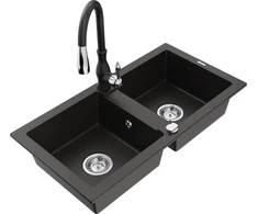Granitinė virtuvinė plautuvė Mexen Mario su maišytuvu ir sifonu, Metallic juodas/auksinis+Juodas