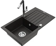 Granitinė virtuvinė plautuvė Mexen Pablo su maišytuvu ir sifonu, Metallic juodas/auksinis+Juodas/Chrome