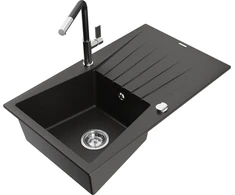 Granitinė virtuvinė plautuvė Mexen Cesar su maišytuvu ir sifonu, Metallic juodas/auksinis+Juodas/Chrome
