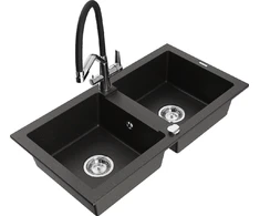 Granitinė virtuvinė plautuvė Mexen Mario su maišytuvu ir sifonu, Metallic juodas/auksinis+Juodas/Chrome
