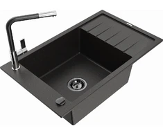 Granitinė virtuvinė plautuvė Mexen Elias su maišytuvu ir sifonu, Metallic juodas/auksinis+Juodas/Chrome