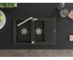 Granitinė virtuvinė plautuvė Mexen Gaspar su maišytuvu ir sifonu, Metallic juodas/auksinis+Chrome