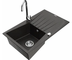 Granitinė virtuvinė plautuvė Mexen Cesar su maišytuvu ir sifonu, Metallic juodas/auksinis+Chrome