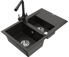 Granitinė virtuvinė plautuvė Mexen Gaspar su maišytuvu ir sifonu, Metallic juodas/auksinis+Juodas
