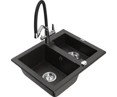 Granitinė virtuvinė plautuvė Mexen Carlos su maišytuvu ir sifonu, Metallic juodas/auksinis+Juodas/Chrome