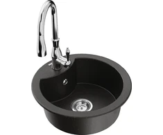 Granitinė virtuvinė plautuvė Mexen Diego su maišytuvu ir sifonu, Metallic juodas/auksinis+Chrome