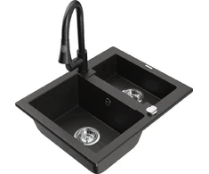 Granitinė virtuvinė plautuvė Mexen Carlos su maišytuvu ir sifonu, Metallic juodas/auksinis+Juodas