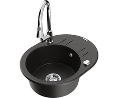 Granitinė virtuvinė plautuvė Mexen Kevin su maišytuvu ir sifonu, Metallic juodas/auksinis+Chrome