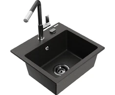 Granitinė virtuvinė plautuvė Mexen Milo su maišytuvu ir sifonu, Metallic juodas/auksinis+Juodas/Chrome