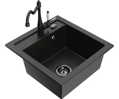 Granitinė virtuvinė plautuvė Mexen Vito su maišytuvu ir sifonu, Metallic juodas/auksinis+Juodas