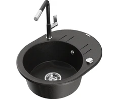 Granitinė virtuvinė plautuvė Mexen Kevin su maišytuvu ir sifonu, Metallic juodas/auksinis+Juodas/Chrome