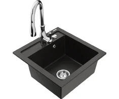 Granitinė virtuvinė plautuvė Mexen Vito su maišytuvu ir sifonu, Metallic juodas/auksinis+Chrome