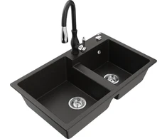 Granitinė virtuvinė plautuvė Mexen Tomas su maišytuvu ir sifonu, Metallic juodas/auksinis+Juodas