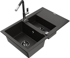 Granitinė virtuvinė plautuvė Mexen Gaspar su maišytuvu ir sifonu, Metallic juodas/auksinis+Juodas/Chrome