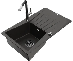 Granitinė virtuvinė plautuvė Mexen Cesar su maišytuvu ir sifonu, Metallic juodas/auksinis+Juodas/Chrome