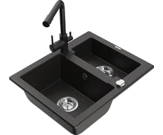 Granitinė virtuvinė plautuvė Mexen Carlos su maišytuvu ir sifonu, Metallic juodas/auksinis+Juodas