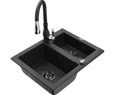 Granitinė virtuvinė plautuvė Mexen Carlos su maišytuvu ir sifonu, Metallic juodas/auksinis+Juodas