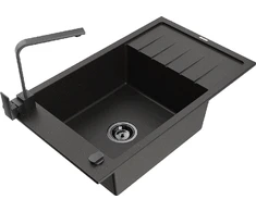 Granitinė virtuvinė plautuvė Mexen Elias su maišytuvu ir sifonu, Metallic juodas/auksinis+Juodas