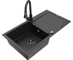 Granitinė virtuvinė plautuvė Mexen Leo su maišytuvu ir sifonu, Metallic juodas/auksinis+Juodas