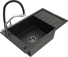 Granitinė virtuvinė plautuvė Mexen Elias su maišytuvu ir sifonu, Metallic juodas/auksinis+Juodas/Chrome