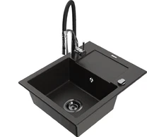 Granitinė virtuvinė plautuvė Mexen Enzo su maišytuvu ir sifonu, Metallic juodas/auksinis+Juodas/Chrome