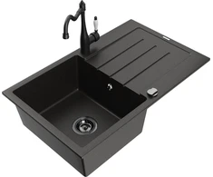 Granitinė virtuvinė plautuvė Mexen Bruno su maišytuvu ir sifonu, Metallic juodas/auksinis+Juodas