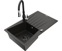 Granitinė virtuvinė plautuvė Mexen Cesar su maišytuvu ir sifonu, Metallic juodas/auksinis+Juodas