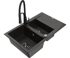 Granitinė virtuvinė plautuvė Mexen Gaspar su maišytuvu ir sifonu, Metallic juodas/auksinis+Juodas