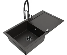 Granitinė virtuvinė plautuvė Mexen Leo su maišytuvu ir sifonu, Metallic juodas/auksinis+Juodas/Chrome