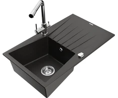 Granitinė virtuvinė plautuvė Mexen Cesar su maišytuvu ir sifonu, Metallic juodas/auksinis+Chrome