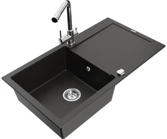 Granitinė virtuvinė plautuvė Mexen Leo su maišytuvu ir sifonu, Metallic juodas/auksinis+Chrome