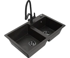Granitinė virtuvinė plautuvė Mexen Tomas su maišytuvu ir sifonu, Metallic juodas/auksinis+Juodas
