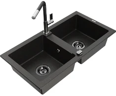 Granitinė virtuvinė plautuvė Mexen Mario su maišytuvu ir sifonu, Metallic juodas/auksinis+Juodas/Chrome