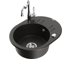Granitinė virtuvinė plautuvė Mexen Kevin su maišytuvu ir sifonu, Metallic juodas/auksinis+Chrome