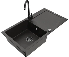 Granitinė virtuvinė plautuvė Mexen Leo su maišytuvu ir sifonu, Metallic juodas/auksinis+Juodas